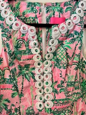 Lilly Pulitzer Pink and Green Tropical Shift Dress with White Trim